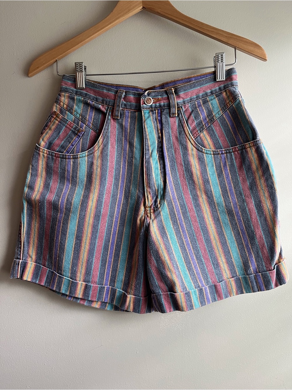 bill blass 80s 90s Multicolor Vertical Stripe Jean Shorts in Blue, red, Teal